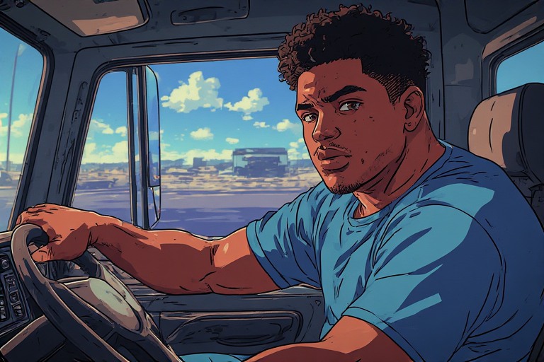 Man driving a truck through the countryside.